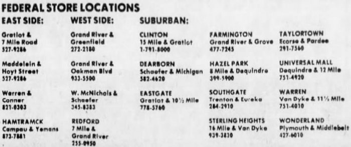 Federals (Federal Department Store) - Dec 23 1977 Store List